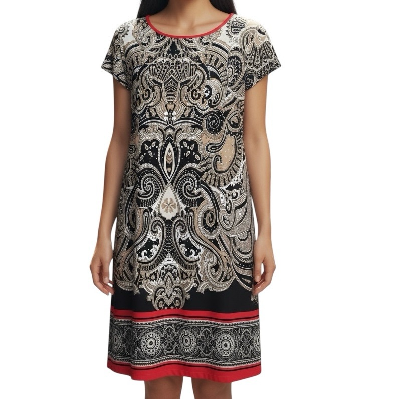 Woman’s Signature Black And Cream Paisley Midi Dress With Red Trim | Size 18w